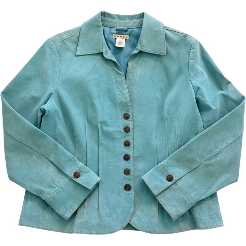 CAbi Women's Large Aqua Blue Genuine Leather Button Front Jacket Blazer
